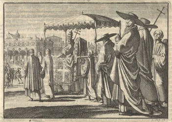 Christian IV, král dánský, oblečený jako papež, napodobuje procesí se svými dvořany, 1596