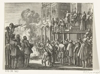 Jacob van Campen s mitrou na hlavě na popravišti v Amsterodamu, 1535