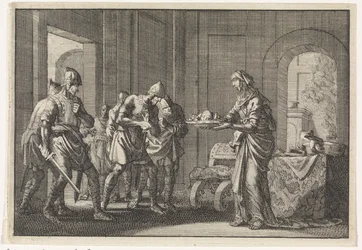 Matka ukazuje válečníkům ostatky svého sežraného dítěte během hladomoru v Jeruzalémě v roce 1704.