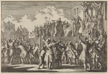 Pouliční scéna v Aberdeenu zesměšňující katolické náboženství, 1689