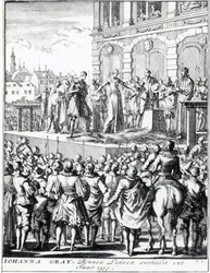 Poprava lady Jane Greyové, publikováno v letech 1664-1712 (lept)