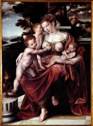 Alegorie lásky (Žena krmící několik dětí) Malba Jana Metsyse (nebo Massyse) (1509-1575) Rozměr 120x90 cm Genes, Musei di Strada Nuova (ex Palazzo Bianco)