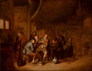 Postavy kouřící a hrající hudbu v hostinci, cca 1640 (olej na panelu)