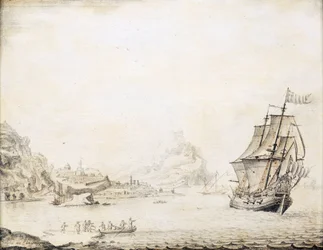 Britská loď u pobřeží Satalie (Turecko) v roce 1677, obklopená skalnatým pobřežím se starobylými městskými hradbami a minarety. Olej na dřevě