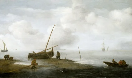 Lov mušlí, rybářská loď na břehu a tři muži, kteří se zabývají sběrem mušlí do košíků. Olej na plátně, 1622, autor Jan Porcellis (1580-1632).