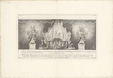Zadní část místnosti s majestátem prince Viléma IV., 1751 Fond de la sale dessiné Geometriquement (...) / Meetkonstige Afteekeninge of back Zijde der Zale s Cieraden soodanigh jako ty od den Hr. Delage Leuit. Col: Ingen.r a Intendant