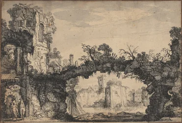 Krajina se zříceninami (recto); hlava ženy a zvířata (verso)