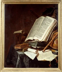Knihy a hudební nástroje Malba Jana Vermeulena (1638-1674) 17. století ne. 0,78x0,69 m Nantes, musee des Beaux Arts