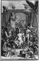 Frontispice „Hortus Cliffortianus“ od Charlese Linna (Carl von Linne, Linneus 1707 - 1778), švédského přírodovědce. 1737. Rytina Jana Wandelaara (1690-1759). Soukromá sbírka.