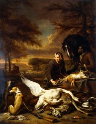Lovecká kořist s loveckým sluhou a černým pážetem, které drží hnědáka, 1700