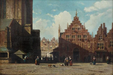 Sluncem zalitý pohled na Grote Markt s kostelem St. Bavo a Vleeshal, Haarlem (olej na panelu)