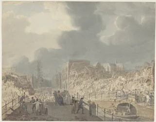 Pohled na ruiny na Rapenburg v Leidenu po výbuchu lodi střelného prachu 12. ledna 1807