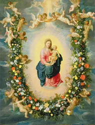 Madonna a dítě v květinové girlandě (olej na mědi)