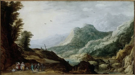 Horská krajina s rolnickou rodinou u cesty (malba, asi 1620-1630)