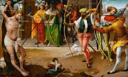 Umučení svatého Šebestiána - Jan De Beer (asi 1475-1528). Olej na dřevě, c. 1510. Rozměr : 25,5x41,5 cm. Uměleckohistorické muzeum, Vienne
