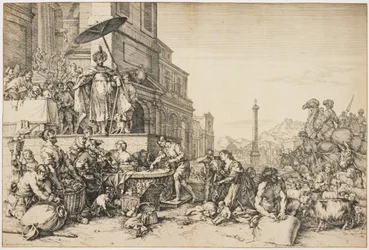 Josef rozděluje obilí v Egyptě, asi 1648-57 (lept)