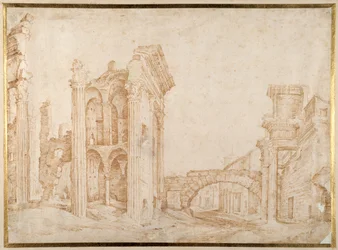 Ruiny antického fóra Nerva v Římě („Forum Transiterius“) v dálce Campanile SS. Quirico a Giuletta (pero a inkoust na papíře)