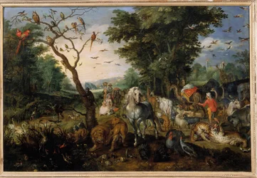 Ubytování zvířat v arše Noe Obraz Jana Bruegela (nebo Breugel nebo Brueghel nebo Breughel) bývalý známý jako Bruegel de Velours (1568-1625) Orleans 17. století, Musee des Beaux Arts - Vstup zvířat do Noemovy archy Malba Jana