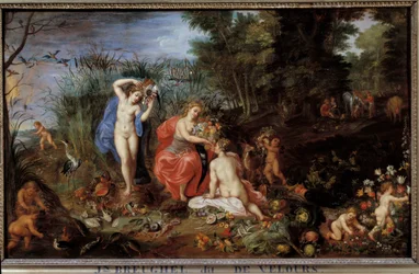 Čtyři živly Tři grácie zastoupené v lesní krajině, se zeleninou (zelí, dýně, artyčoky, mrkev, paprika), ovocem (švestky, granátová jablka, broskve), rybami, měkkýši. Obraz Jana Breugela Le Vieux nazývá Bruegela de Velours (Brueghel o
