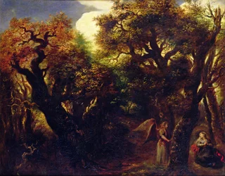 Zalesněná krajina s Hagar a andělem, kolem roku 1645