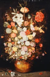 Zátiší květin v dřevěné vaně, c.1630s