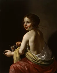 Dívka škádlí kočku, cca 1630 (olej na panelu)