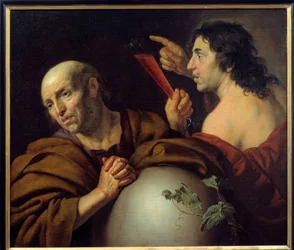 Hérakleit a Démokrit Řečtí filozofové Hérakleit z Efezy (Hérakleitos) (535-475 př. n. l.) a Démokrit (Demokritos) (460-370 př. n. l.). Obraz Jana van Bijlerta (1597-1671) 17. století Utrecht. Centrální muzeum