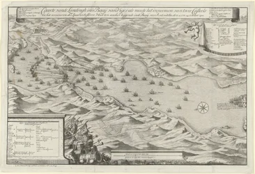 Bitva o záliv u Viga a dobytí španělské stříbrné flotily, 1702 Caarte vande Landingh v zálivu Vigos jako součást zajetí dvou Casteelů a zajetí španělské stříbrné flotily kotvící v Baay pro Redondella den