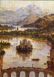 Krajina”” Detail “”Panny kancléře Rolina””” Nicolas Rolin (1376-1461) byl kancléřem Burgundska za Philippa Le Bona a zakladatelem Hospices de Beaune v roce 1443. Obraz Jana van Eycka (1390-1441)