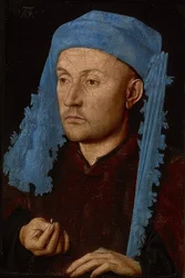 Portrét muže s modrým doprovodem (muž s prstenem). Kolem roku 1429