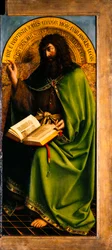 Gentský oltář. Klanění mystického beránka: Jan Křtitel, 1432.