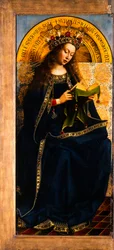 Gentský oltář. Klanění mystickému beránkovi: Panna Marie na trůně, 1432