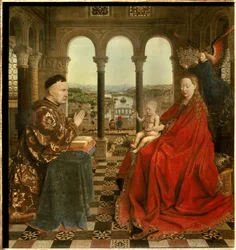 Madona kancléře Rolina. Nicolas Rolin (1376-1461) byl kancléřem Burgundska za Filipa Dobrého a zakladatelem Hospices de Beaune v roce 1443. Obraz Jana van Eycka (1390-1441). 15. století. Sun. 0,66x0,62 m Paříž