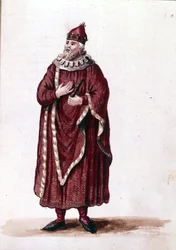 Dóže v 11. století. Kresba akvarelem a tuší z rukopisu „Custom of the Venitians““ od Jana van Grevenbroeka (nebo Giovanniho Grevenbroicha (Grevenbroich) (1731-1807)