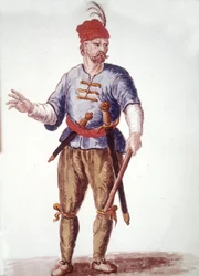 Galerie v 18. století. Kresba akvarelem a tuší z rukopisu „Custom of the Venitians““ od Jana van Grevenbroecka (nebo Giovanniho Grevembrocha (Grevenbroch) (1731-1807)