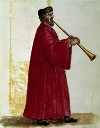 Hráč na flétnu Kresba akvarelem a tuší z rukopisu „Customs of Venitians““ od Jana van Grevenbroeka (nebo Giovanniho Grevenbroicha (Grevenbroich) (1731-1807)
