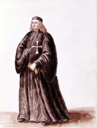 Maltézský rytíř. Kresba akvarelem a tuší z rukopisu „Custom of the Venitians““ od Jana van Grevenbroeka (nebo Giovanniho Grevenbroicha (Grevenbroich) (1731-1807)