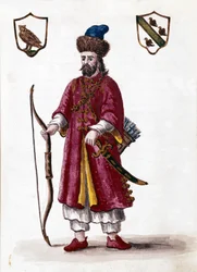 Marco Polo. Kresba akvarelem a tuší z rukopisu „Custom of the Venitians““ od Jana van Grevenbroeka (nebo Giovanniho Grevenbroicha (Grevenbroich) (1731-1807)