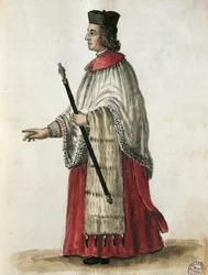 Ceremoniální mistr v kostele sv. Marka, převzato z Kostýmy Benátek od Giovanniho di Grevembrocha (1731-1807) Akvarel