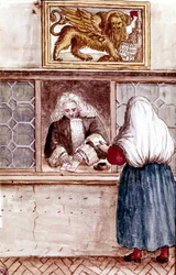 Zastavárna. Hora zbožnosti v Benátkách. Kresba akvarelem a tuší z rukopisu „Custom of the Venitians““ od Jana van Grevenbroecka (nebo Giovanniho Grevembrocha (Grevenbroch) (1731-1807)