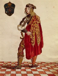 Oblek rytíře Bratrstva de la Calza (Punčocha) v roce 1564, Jan van Grevenbroeck nebo Giovanni Grevembroch (1731-1807), Gli Abiti de Veneziani, z ilustrované knihy kostýmů, akvarel