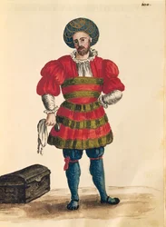 Benátské oblečení: Benátský cestovatel, Jan van Grevenbroeck nebo Giovanni Grevembroch (1731-1807), Gli Abiti de Veneziani, z ilustrované knihy kostýmů, akvarel
