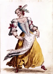 Benátský tanec. Kresba akvarelem a tuší z rukopisu „Custom of the Venitians““ od Jana van Grevenbroeka (nebo Giovanniho Grevenbroicha (Grevenbroich) (1731-1807)