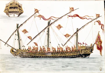 galesus benátský. Kresba akvarelem a tuší z rukopisu „Custom of the Venitians““ od Jana van Grevenbroecka (nebo Giovanniho Grevembrocha (Grevenbroch) (1731-1807)
