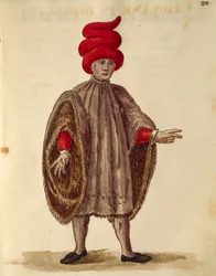 Mladý muž na sobě "Dogalina", formální róba se širokými rukávy, od Jana van Grevenbroecka nebo Giovanniho Grevembrocha (1731-1807), Gli Abiti de Veneziani, z ilustrované knihy kostýmů, akvarel