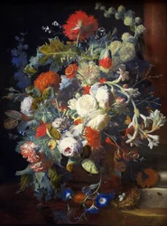 Kytice na sloupu - Jan van Huysum (1682-1749). Olej na dřevě, první polovina 18. stol. Rozměr: 80,2 x 60,3 cm. Uměleckohistorické muzeum, Vienne