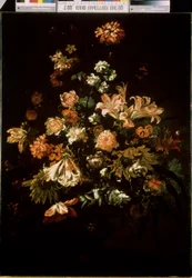 Květiny (Květiny). Zátiší z kytice květin. Obraz Jana van Huysuma (1682-1749)