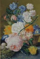 Růže, povijnice, narcisy, astry a další květiny v košíku, s vejci v hnízdě na mramorové římse, 1744