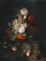 Still Life: Flowers and Fruit, cca 1700-20 (olej na panelu)
