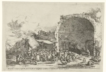 Slavnosti v ruinách jeskyně nymfy Egeria Prospetto e veduto a Cafarelle fuoro di porte S. Sebastiano, Rom (název na objektu)